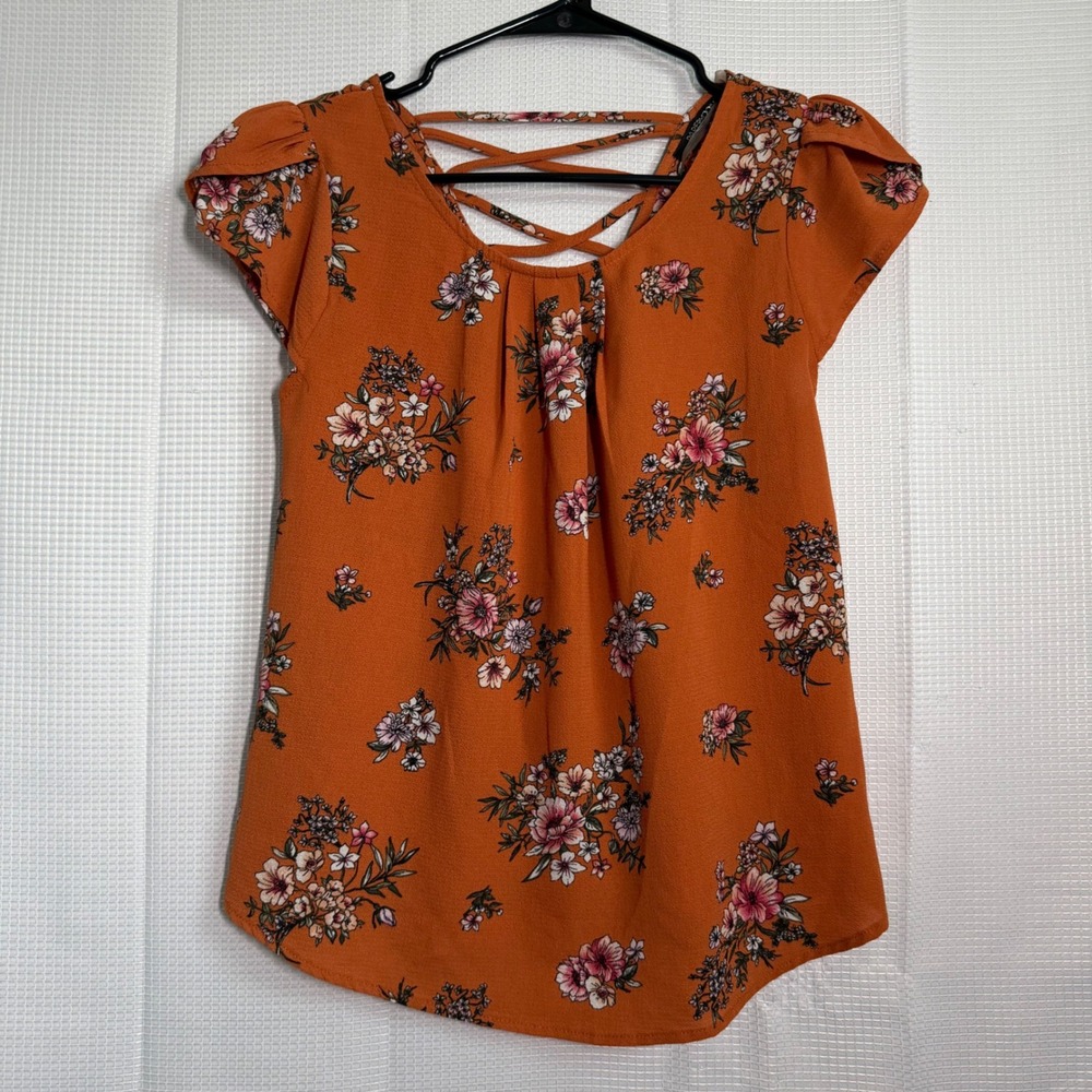 Papermoon Women's Small Floral‎ Blouse Orange Boho Lattice Neck Flutter Sleeve